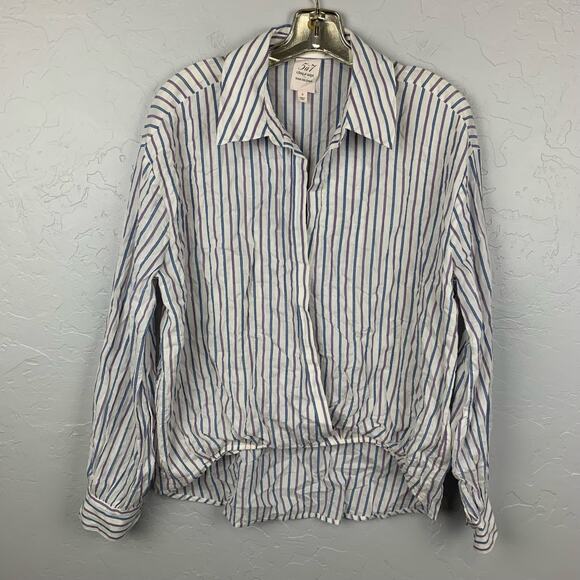 Cinq A Sept Blouse Lillian Faux Wrap Blue Red Stripe High Low Elastic Size Small - Picture 2 of 10